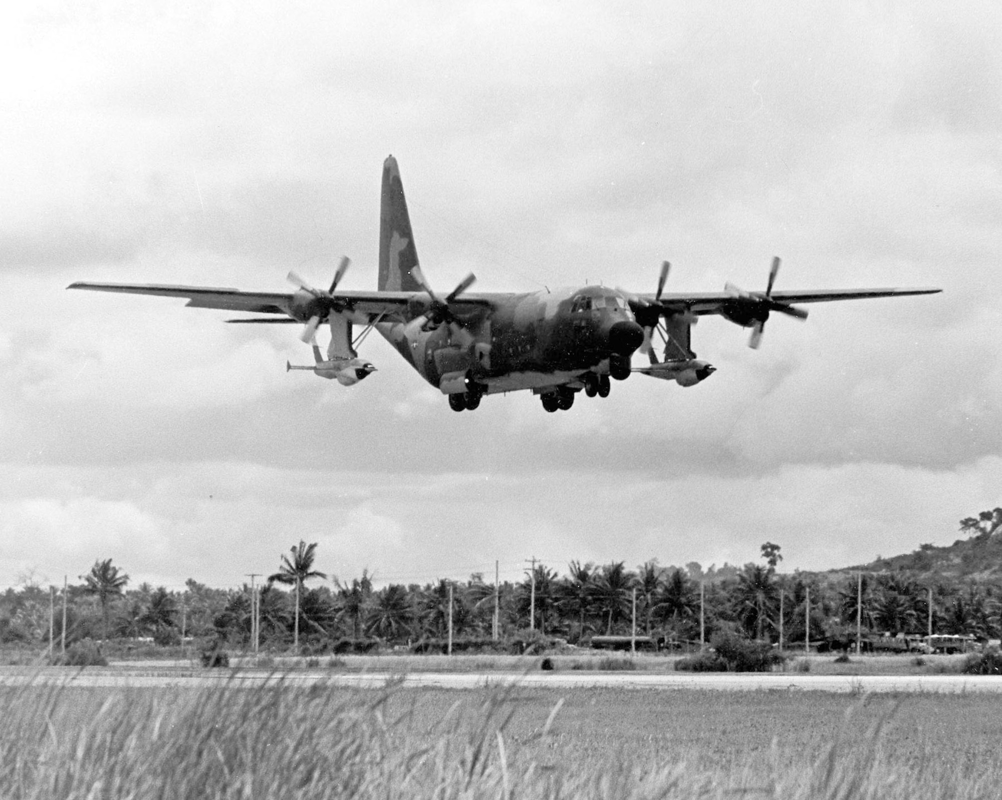 DC-130 taking off on a mission in Southeast Asia, carrying two AQM-34s. Firebees flew using a pre-programmed guidance system or by remote control from the DC-130 crew. (U.S. Air Force photo)