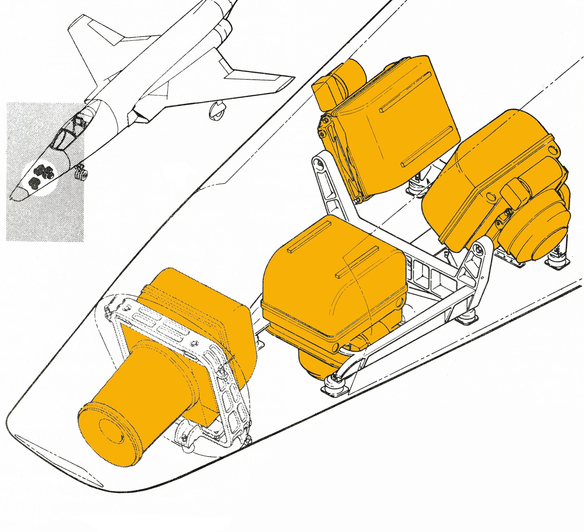 This illustration of an RF-101C camera configuration has four KA-45 cameras with various lenses -- one pointed forward, one pointed straight down, and two angled to the side (called oblique).