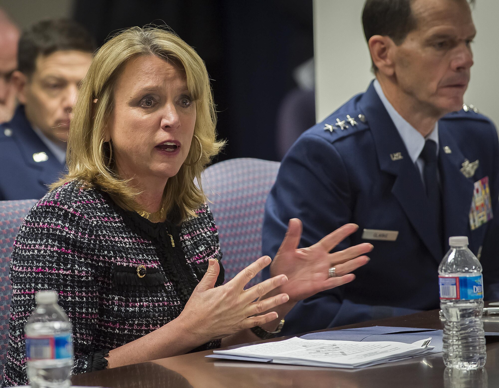 Secretary of the Air Force Deborah Lee James answers a question during a hearing of the National Commission on the Structure of the Air Force Jan. 9, 2014, in Arlington, Va. The commission is tasked to submit a report by Feb.1, 2014, to the president of the United States and to the congressional defense committees with a detailed statement of its findings and conclusions. (U.S. Air Force photo/Jim Varhegyi)

