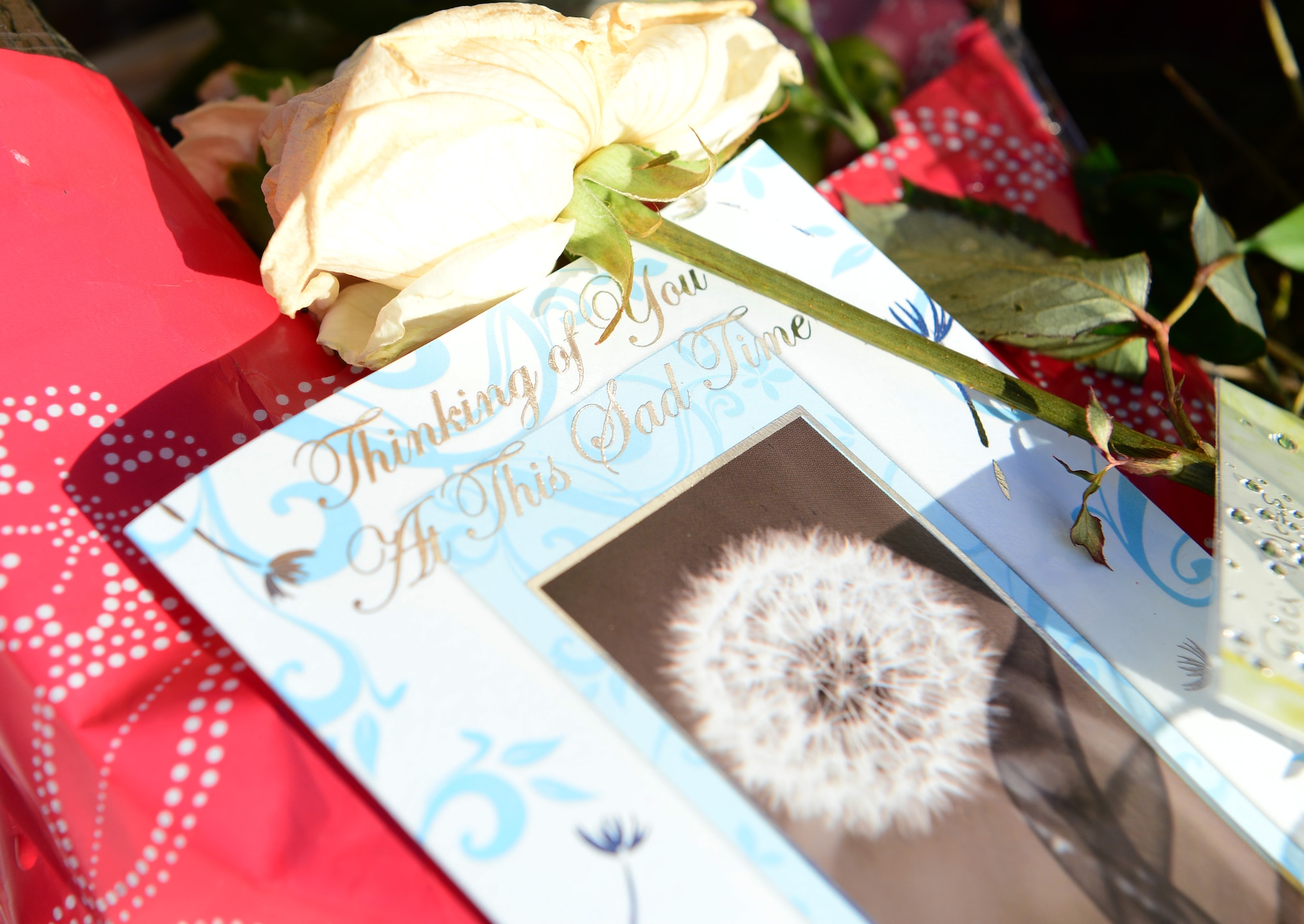 Members of surrounding communities have placed flowers at the entrance to Royal Air Force Lakenheath, England, in wake of the HH-60G Pave Hawk helicopter crash, Jan. 7, 2014, that killed four Airmen. Anyone from the United States wishing to send condolence cards or messages may send them to RAF Lakenheath, Building 1063, 48th Fighter Wing Public Affairs, Unit 5203, APO, AE 09461 or 48FW.PA@us.af.mil. (U.S. Air Force photo by Airman 1st Class Dawn M. Weber) 