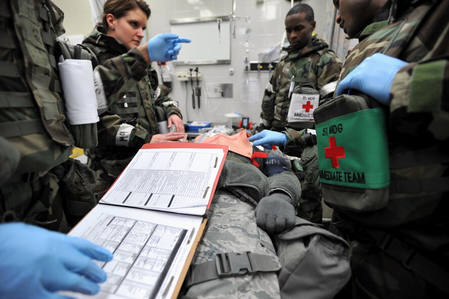 Members of the 51st Medical Group Immediate Team treat a simulated casualty in the Emergency Room during Operational Readiness Exercise Beverly Midnight 14-01 at Osan Air Base, Republic of Korea, Jan. 13, 2014. The team worked with other first responders to effectively manage a multiple-casualty situation while wearing Mission Oriented Protective Posture Level 2 gear. (U.S. Air Force photo/Senior Airman Siuta B. Ika)