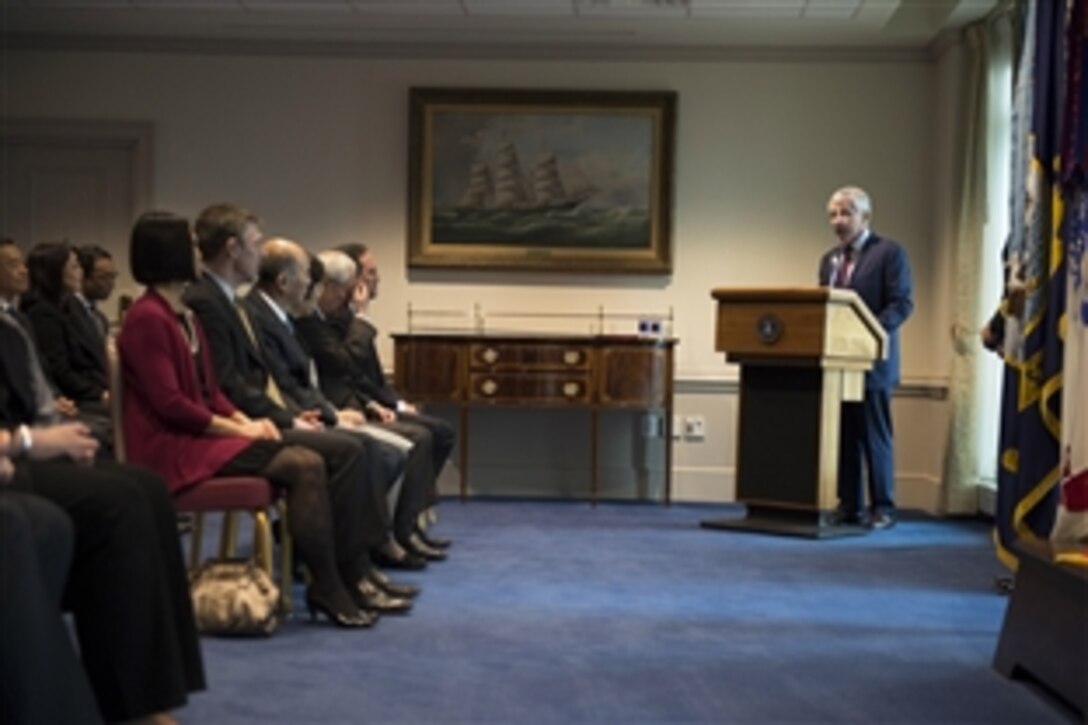 Defense Secretary Chuck Hagel delivers remarks during a ceremony to award the Ambassador Kato Prize to Christopher Johnstone, the Pentagon policy expert for Northeast Asia, at the Pentagon, Jan. 14, 2014. Johnstone was honored for his dedication to strengthening U.S.-Japanese relations, in particular, the U.S.-Japan Alliance.