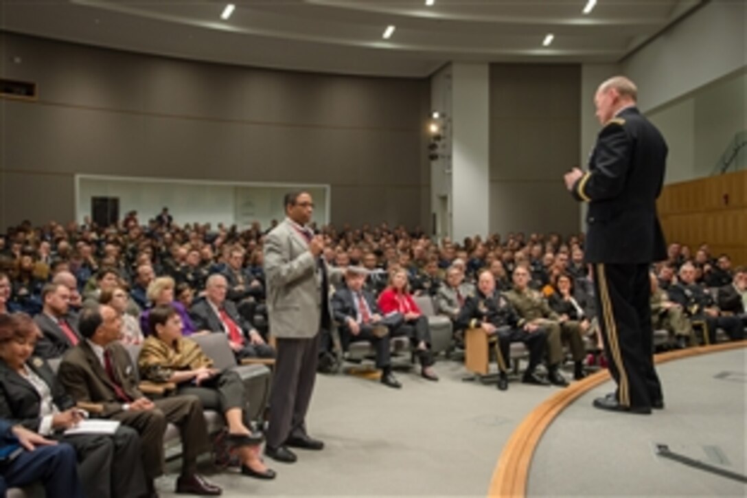 Army Gen. Martin E. Dempsey, chairman of the Joint Chiefs of Staff, listens to a student's question after a speech at the National Defense University on Fort McNair in Washington, D.C., Jan. 14, 2014.