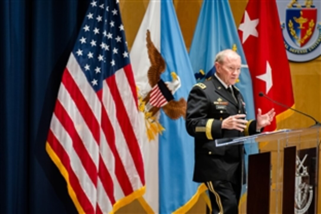 Army Gen. Martin E. Dempsey, chairman of the Joint Chiefs of Staff, speaks to students at the National Defense University on Fort McNair in Washington, D.C., Jan. 14, 2014.