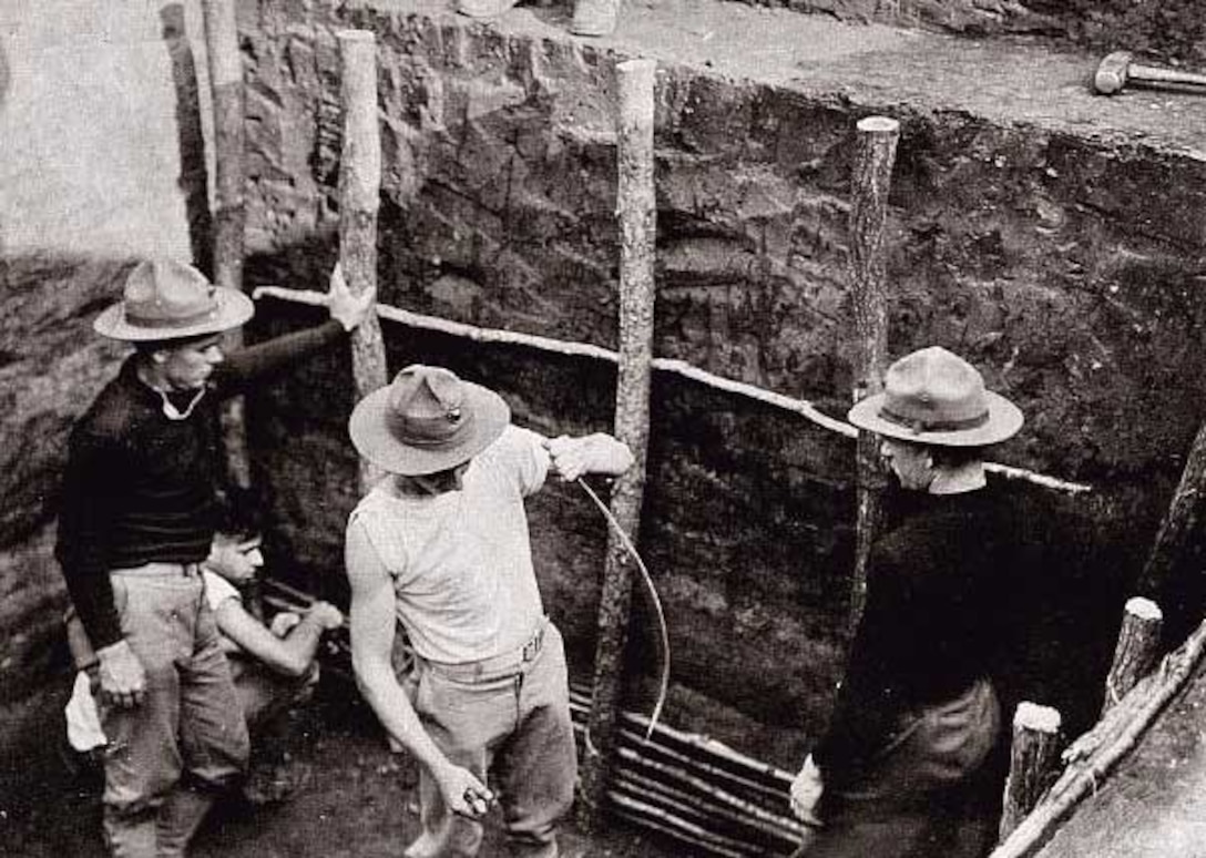 Marines reinforce a training trench aboard Marine Corps Base Quantico circa 1918. During the base’s earliest days, about 30,000 Marines were trained in trench warfare and other combat skills at Quantico before being sent to fight in World War I. 