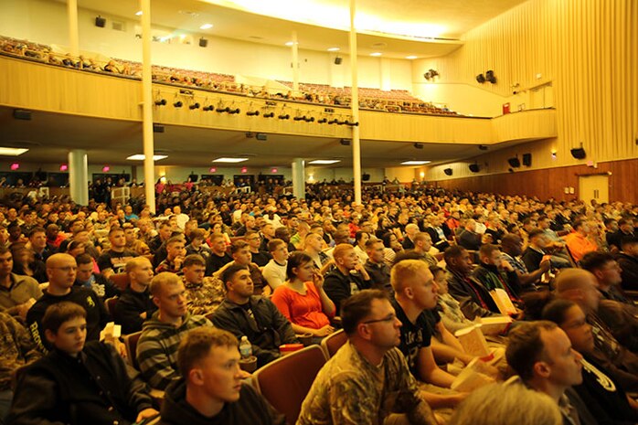 Marines and families of 2nd Maintenance Battalion, Combat Logistics Regiment 25, 2nd Marine Logistics Group filled the base theater aboard Camp Lejeune, N.C., for a town hall meeting Jan. 13, 2014. During the meeting leaders discussed world events, past events from the battalion, and things to come.(U.S. Marine Corps photo by Lance Cpl. Shawn Valosin)