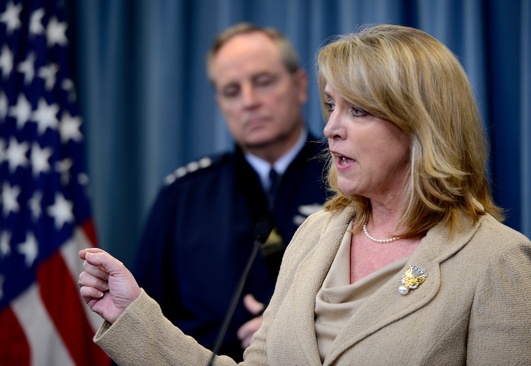 Secretary of the Air Force Deborah Lee James and Air Force Chief of Staff Gen. Mark A. Welsh III speak about an investigation involving missile launch officers during a press briefing Jan. 15, 2014, in the Pentagon, Washington D.C.  Though the investigation revealed a lack of integrity among a group of Airmen, James and Welsh stressed that it did not shake their confidence in the nuclear force and it remains their number one priority.  (U.S. Air Force photo/Scott M. Ash)
