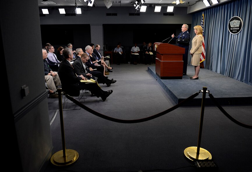 Air Force Chief of Staff Gen. Mark A. Welsh III and Secretary of the Air Force Deborah Lee James speak about an investigation involving missile launch officers during a press briefing Jan. 15, 2014, in the Pentagon, Washington D.C.  Though the investigation revealed a lack of integrity among a group of Airmen, James and Welsh stressed that it did not shake their confidence in the nuclear force and it remains their number one priority.  (U.S. Air Force photo/Scott M. Ash)