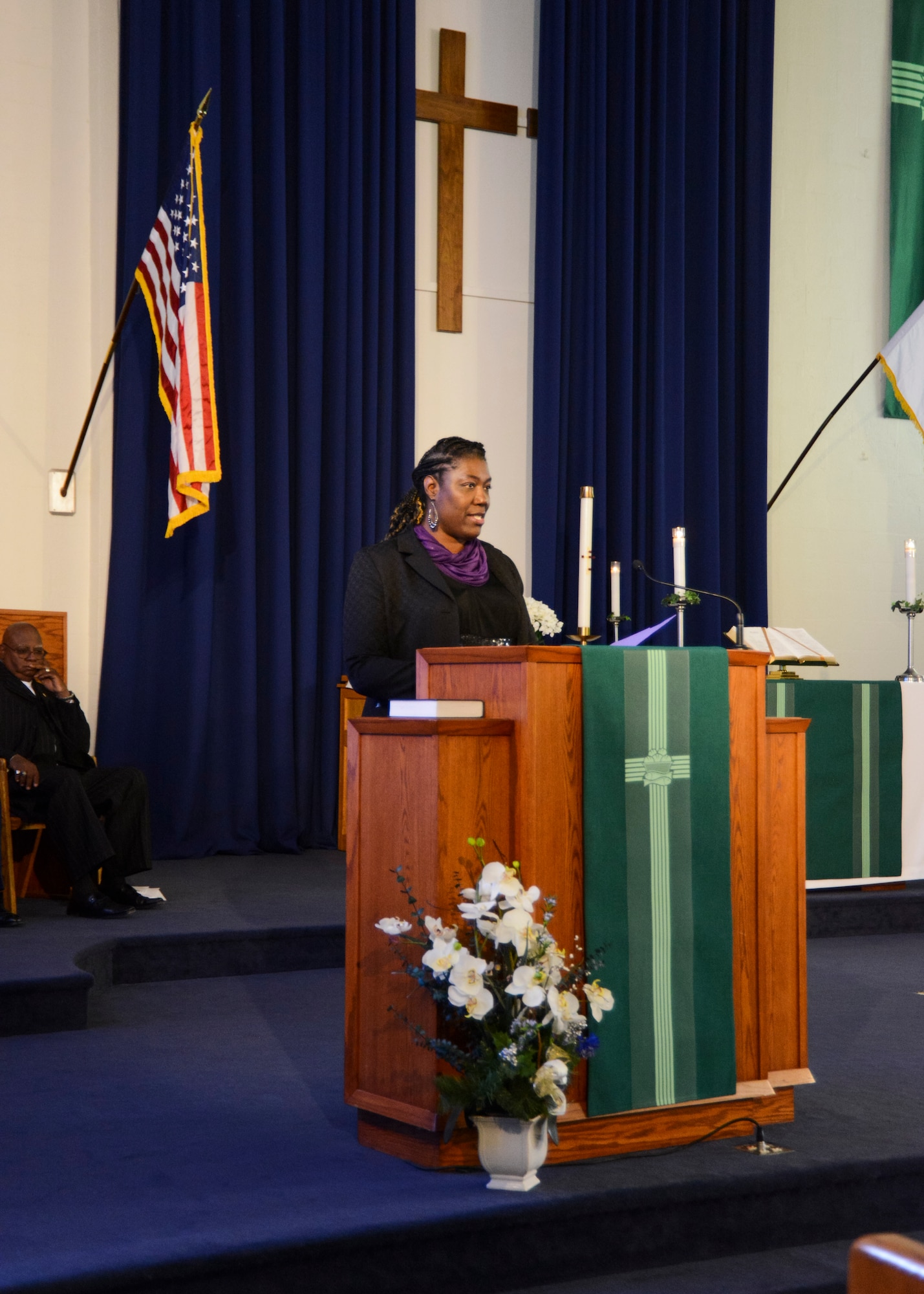 Linda Phillips-Bell, 412th Medical Support Squadron, spoke on King’s response to tragedy, which she said was to choose “God’s way” instead of hate. (U.S. Air Force photo by Rebecca Amber)
