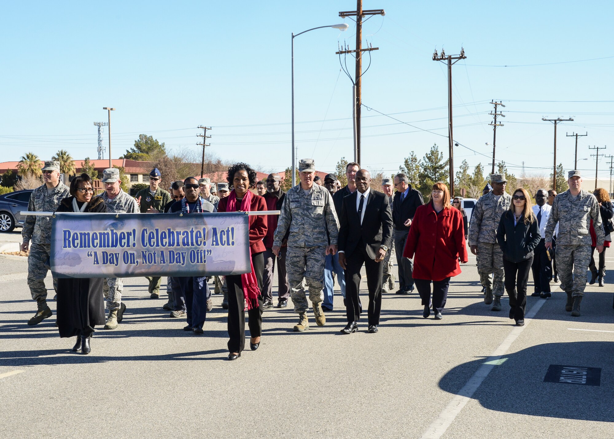Members of the Edwards community marched from Test Wing Headquarters to Chapel One Jan. 15, to honor the life and faith of Rev., Dr. Martin Luther King Jr. (U.S. Air Force photo by Rebecca Amber)