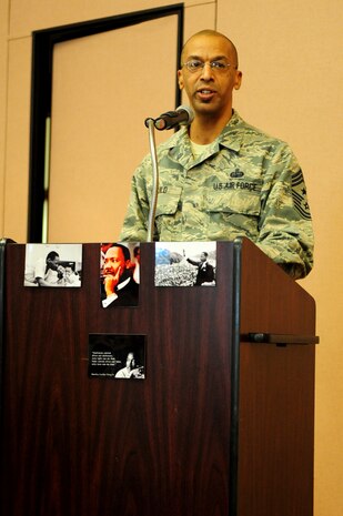 Chief Master Sgt. Leslie Gould, 9th Reconnaissance Wing command chief, delivers a speech during the annual Dr. Martin Luther King, Jr. Day luncheon on Jan. 15, 2014, at Beale Air Force Base, Calif. King was a leader during the Civil Rights movement of the 1960s. (U.S. Air Force photo by Airman 1st Class Bobby Cummings/released)