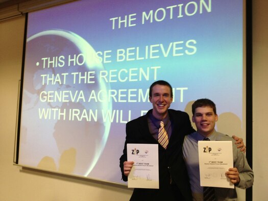 Cadets 2nd Class Stephen Beaton (left) and Trevor Woodward pose after their final debate round at the International Debate Academy tournament in Kranjska Gora, Slovenia, Nov. 30, 2013. Beaton and Woodward took first place at the tournament and earned first and second place overall best speakers at the event. (U.S. Air Force/Courtesy Photo)