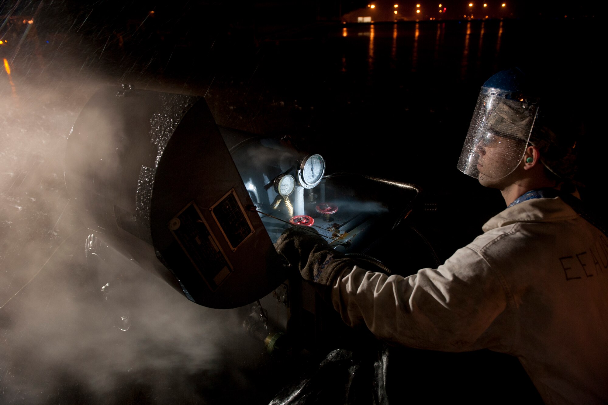Airman 1st Class Mark Sherwood, 1st Special Operations Aircraft Maintenance Squadron crew chief, starts up a liquid oxygen cart on the flightline at Hurlburt Field, Fla., Jan. 13, 2014. (U.S. Air Force photo/Senior Airman Krystal M. Garrett)