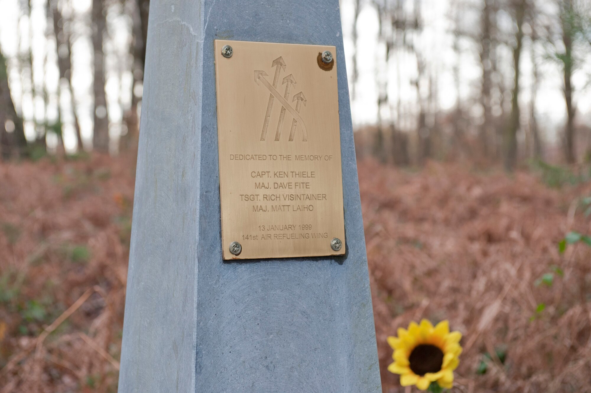 A memorial flagstone sits at the site of a 141st Air Refueling Wing, Fairchild Air Force Base KC-135E Stratotanker crash near Geilenkirchen Air Base, Germany, Jan. 9, 2014.  The memorial was erected for "ESSO 77" crew members: Maj. David Fite, Maj. Mattew Laiho, Capt. Kenneth Thiele and Tech. Sgt. Richard Visintainer who perished in the crash Jan. 13, 1999.(NATO E-3A component Photo By  Mr. Andre Joosten/Released)