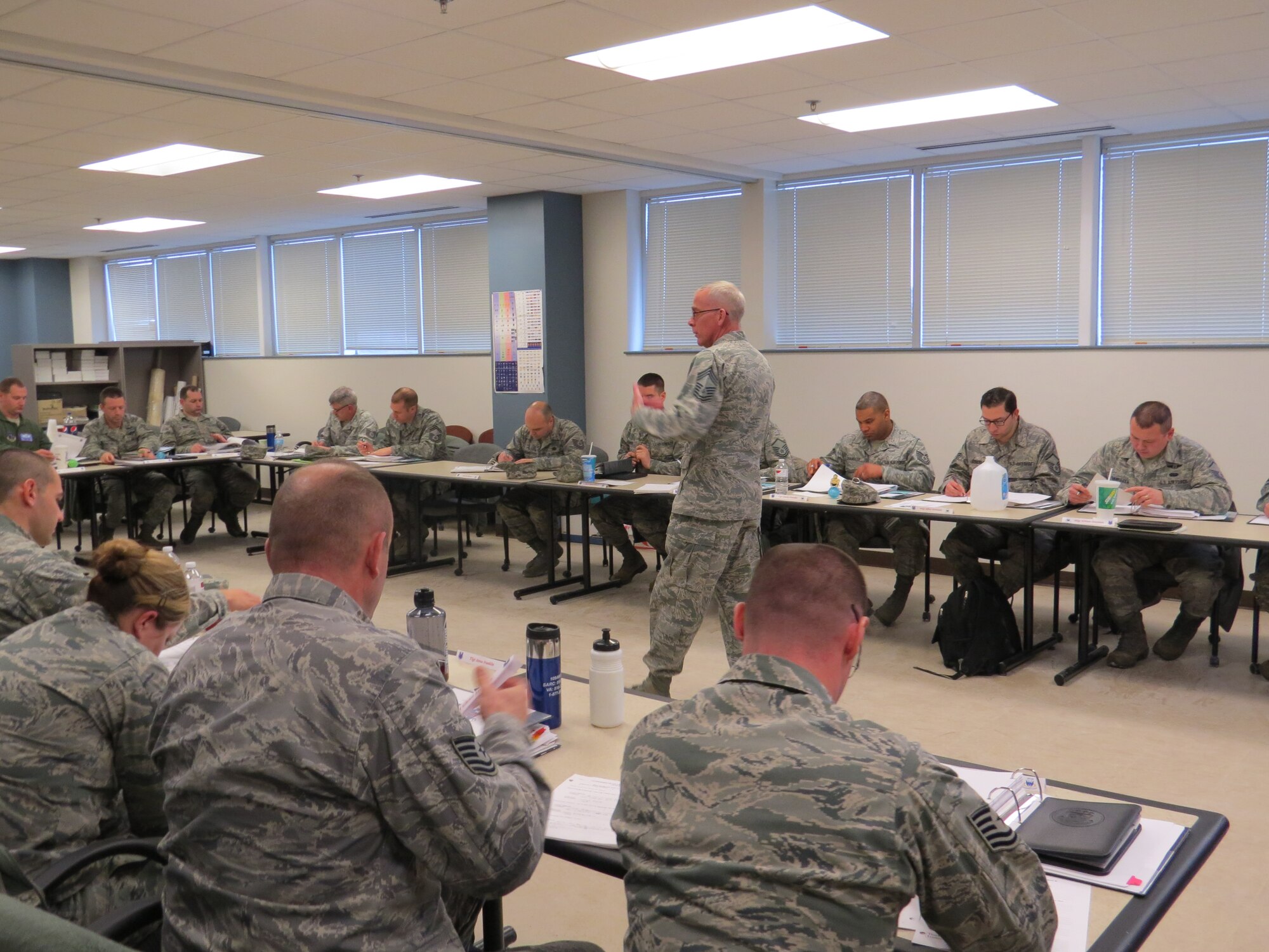 SCOTIA, N.Y. -- Chief Master Sgt. Mark Schaible instructs a portion of the 109th Airlift Wing's first Leadership Development Course at the Naval Operations Support Center on Jan. 12, 2014. The three-day course, held by the 109th AW chief's council, covered topics including Profession of Arms, performance review writing, time management and career management. (Air National Guard photo by Chief Master Sgt. Michelle Shafer/Released)                                