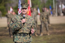 Lt. Col. David T. Hudak, a Warren, Ohio native and the battalion commander of 8th Engineer Support Battalion, 2nd Marine Logistics Group, II Marine Expeditionary Force, addresses the battalion’s accomplishments and thanks friends and family during a traditional change of command ceremony at Soiffert field aboard Camp Lejeune, N.C., Jan. 15, 2014. Hudak reported to Camp Lejeune, N.C. in July 2012. He was assigned as the II Marine Expeditionary Force (FWD) C-4 Operations officer and deployed to Afghanistan in support of OEF from December 2012 to November 2013. 