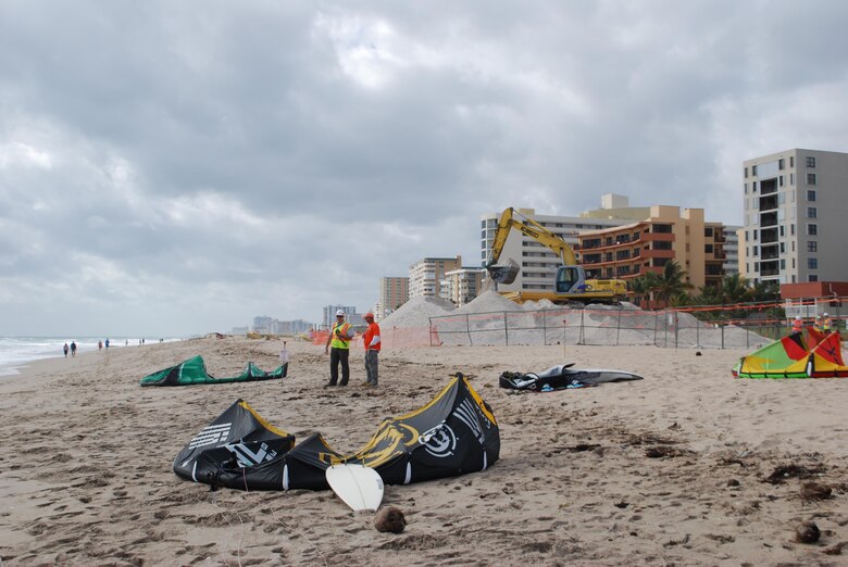 The U.S. Army Corps of Engineers, contractor Eastman Aggregate Enterprises, and Broward County officials are working together to ensure beach renourishment operations along the Broward County shoreline move along smoothly while the public continues to enjoy the beaches.  The sand placement reconstructs areas of eroded beach and increases storm protection to upland development.  (Photo by Susan Jackson, U.S. Army Corps of Engineers)