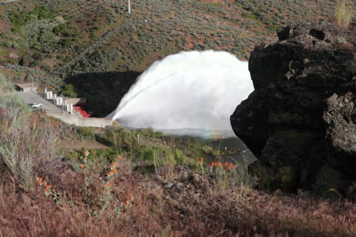 The Lucky Peak Dam “Rooster Tail” is a special attraction each spring on good water years, showing off the original but now seldom used methods of releasing water from Lucky Peak Dam.  Since 1988, these releases are accomplished via the Lucky Peak Power Plant Project.