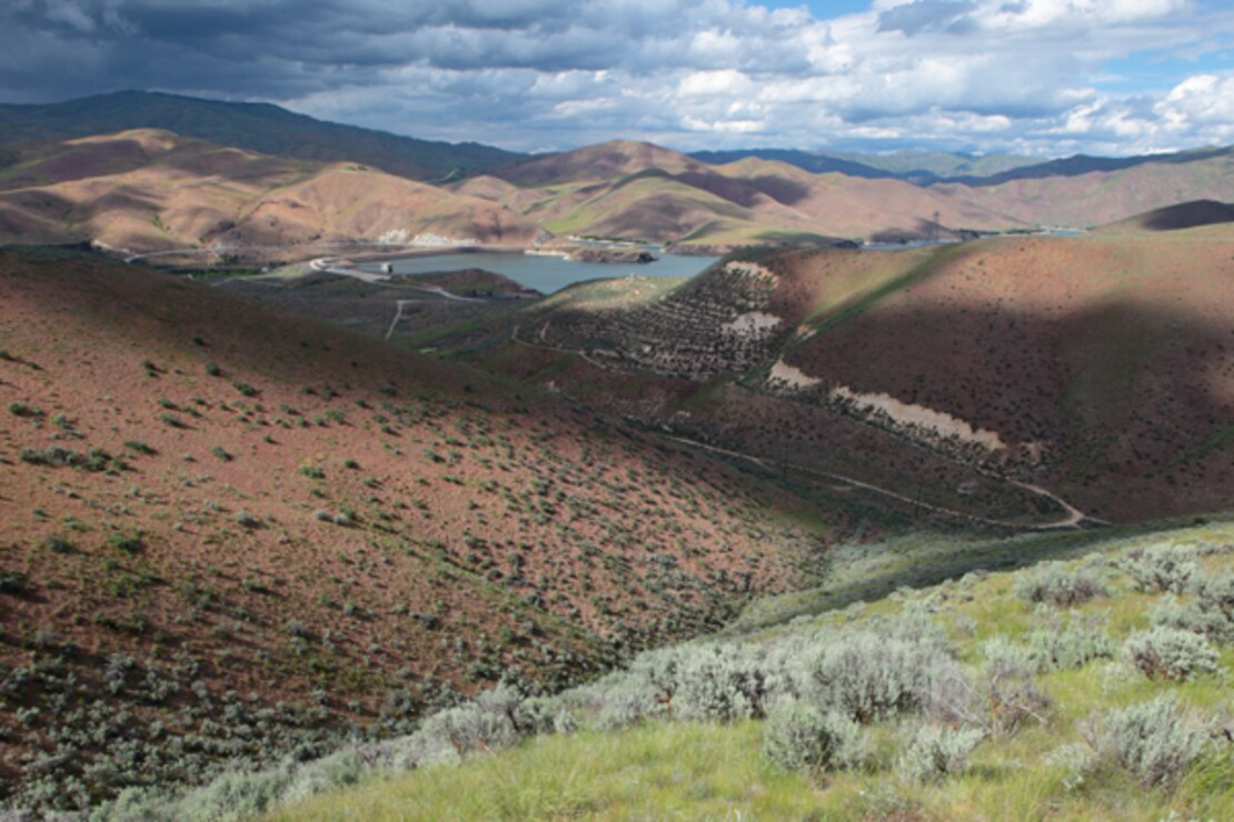 Looking across Lydle Gulch at Lucky Peak Dam Recreation Area and up Lucky Peak Lake.