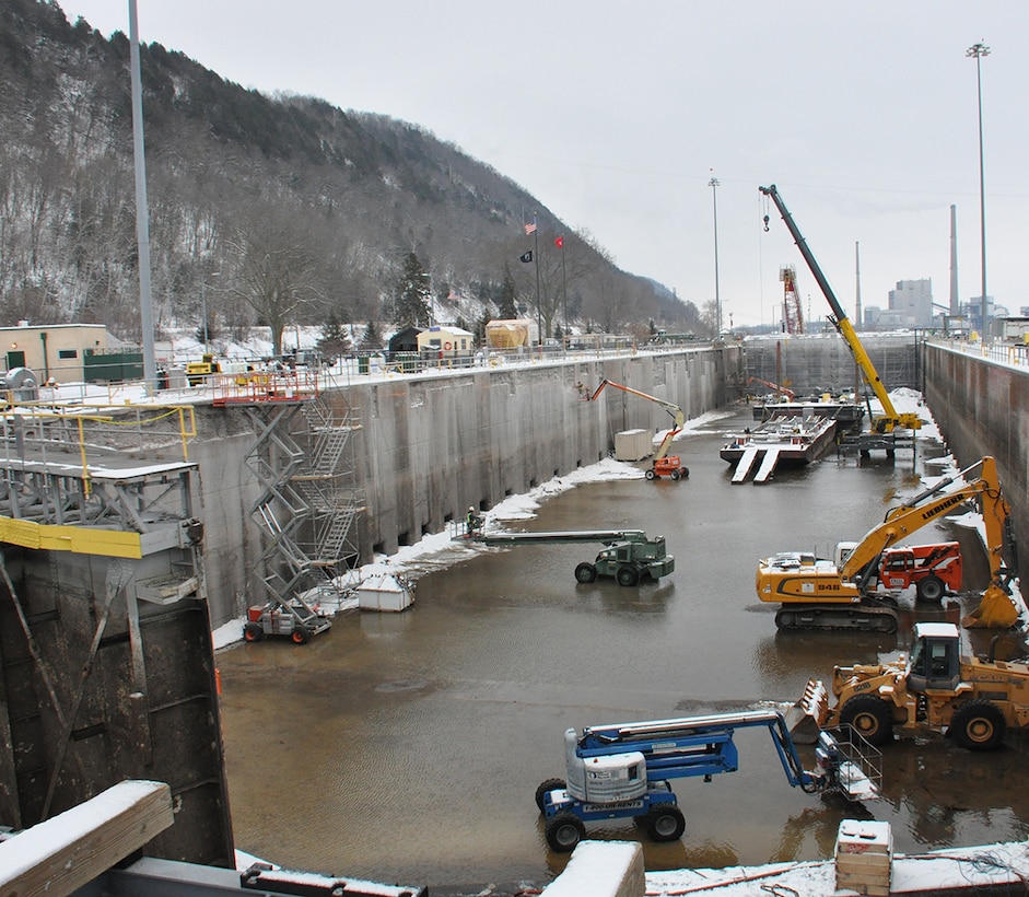 The lock chamber at Lock and Dam 8, near Genoa, Wis., is dewatered in order to perform an extensive list of preventative maintenance. Rehabilitative work like this happens about every 20 years on each Mississippi River lock and dam within the St. Paul District from Upper St. Anthony Falls Lock and Dam in Minneapolis to Lock and Dam 10 in Guttenberg, Iowa. The Corps began dewatering the lock Dec. 3 in order to complete the necessary work around March 8. The anticipated cost of this project is $3.8 million. Lock and Dam 8 was last dewatered in 1992.