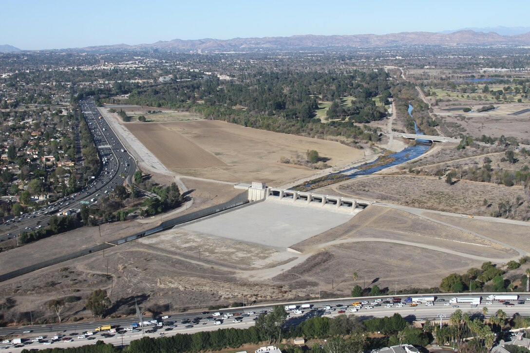 Maj. Gen. John W. Peabody, Deputy Commanding General, Civil and Emergency Operations, visited the Los Angeles District Jan. 16 and toured some of the District's projects via helicopter. Pictured here is the Sepulveda Dam Flood Control Basin.  