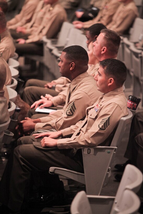 Marines with 1st Law Enforcement Battalion receive a brief during "Back in the Saddle" training aboard Camp Pendleton, Calif., Jan 6. Back in the Saddle provides Marines with a fresh start and sets the tone for the year.