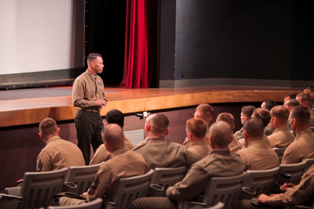 Lt. Col. Jan Durham, commanding officer of 1st Law Enforcement Battalion, briefs Marines during "Back in the Saddle" training aboard Camp Pendleton Calif., Jan 6. Back in the Saddle is known for providing Marines with a fresh start and setting the tone for the year.