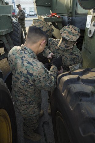 PFC Armando Martinez, left, and PFC Maigyne Edge perform maintenance on a Tractor, rubber tired, Articulated steering, Multi-purpose vehicle (TRAM) aboard Marine Corps Air Station Iwakuni, Japan, Jan. 15, 2014, in preparation to participate in Exercise Cobra Gold.  Martinez and Edge are heavy equipment operators with MWSS-171. Exercise Cobra Gold is a multinational joint exercise conducted annually in Thailand and is comprised of forces from participating nations including: Thailand, Singapore, Indonesia, Japan, South Korea, Malaysia and the United States. China will also participate in the exercise as an observing nation.