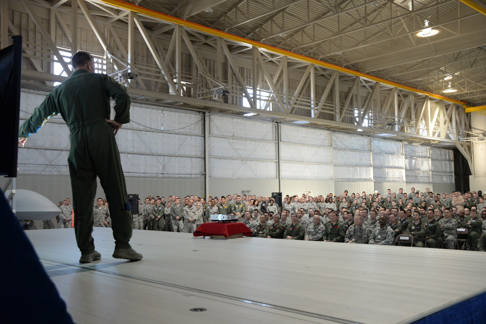 Lt. Gen. Tod D. Wolters, 12th Air Force (Air Forces Southern) commander, shares his views of today’s Air Force environment with Airmen of the 432nd Wing/432nd Air Expeditionary Wing during his all-call while on a two-day visit Jan. 13-14. Wolters discussed issues affecting Airmen such as teamwork, sexual assault prevention and suicide awareness. (U.S. Air Force photo by Airman 1st Class C.C.)