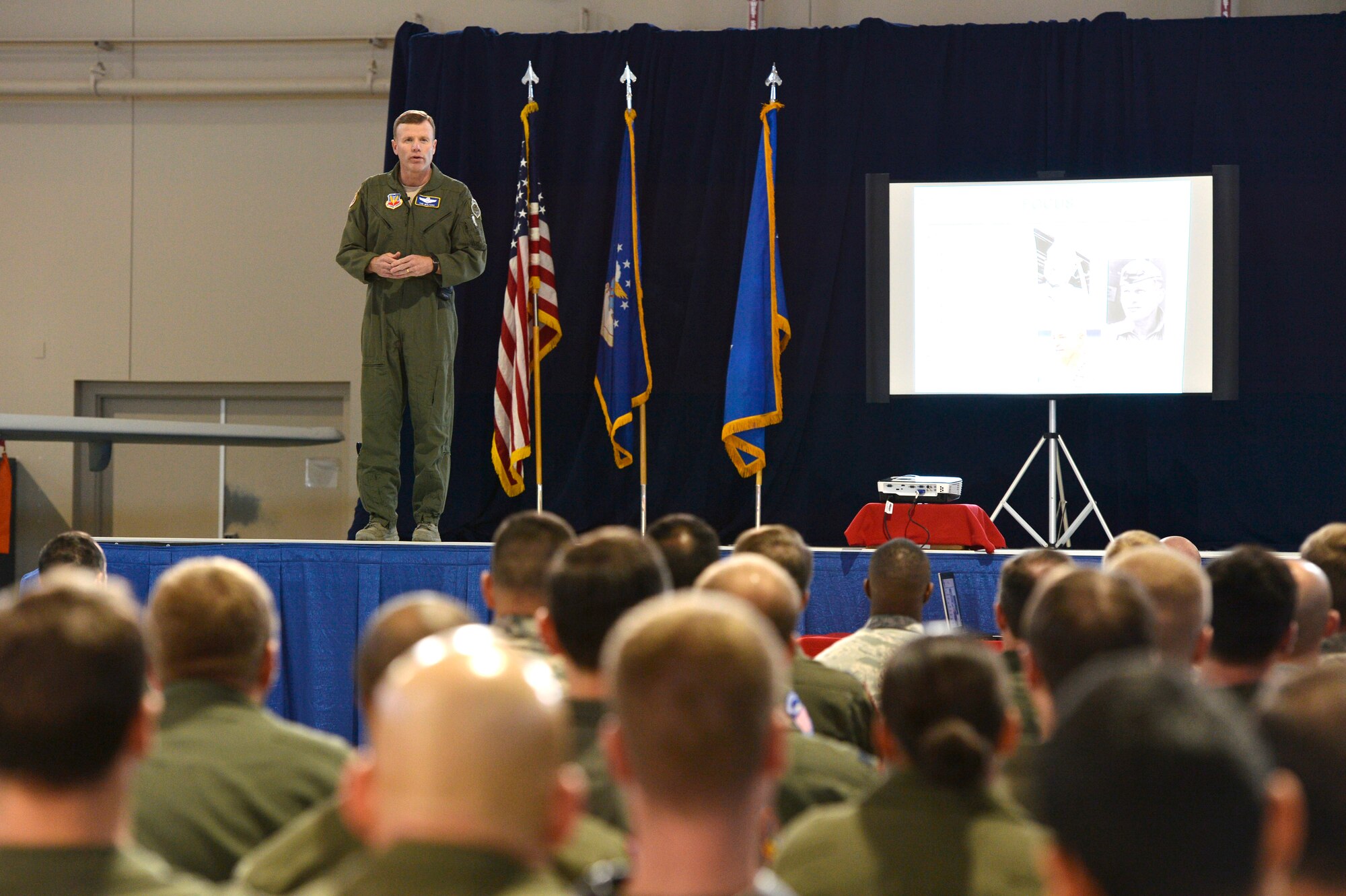 Lt. Gen. Tod D. Wolters, 12th Air Force (Air Forces Southern) commander, shares his views of today’s Air Force environment with Airmen of the 432nd Wing/432nd Air Expeditionary Wing during his all-call while on a two-day visit Jan. 13-14. Wolters discussed issues affecting Airmen such as teamwork, sexual assault prevention and suicide awareness. (U.S. Air Force photo by Staff Sgt. N.B.)