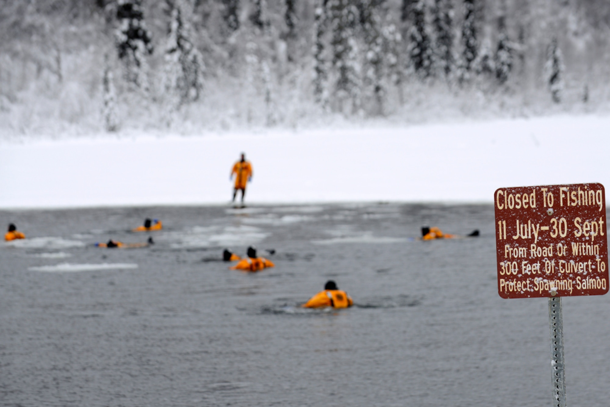 Firefighters from the 673d Civil Engineer Squadron swim across Upper Sixmile Lake while conducting ice water rescue training in 14-degree weather at Joint Base Elmendorf-Richardson, Jan. 13, 2014. (U.S. Air Force photo/Staff Sgt. Sheila deVera)

