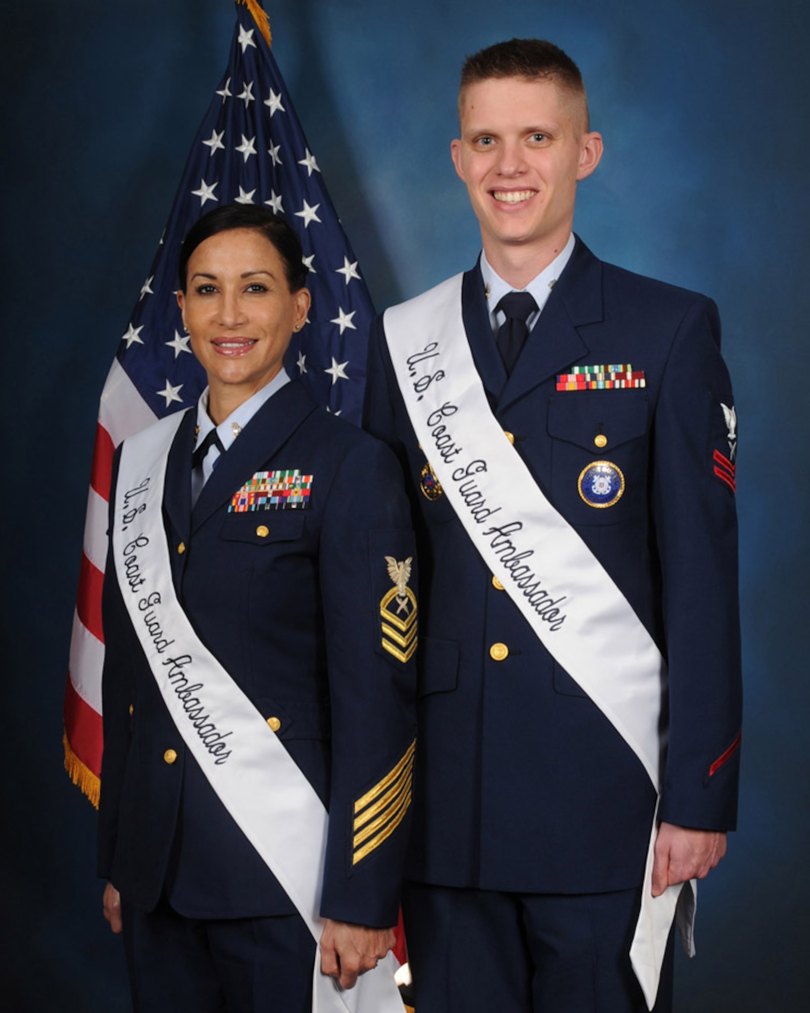 The 2014 Joint Base San Antonio Coast Guard ambassadors are Chief Petty Officer Wanda Tarasiuk, Coast Guard Cryptologic Texas unit; Petty Officer 2nd Class Jim Chance, Coast Guard Recruiting District San Antonio. (Courtesy photo by Joint Base San Antonio-Lackland public affairs)
