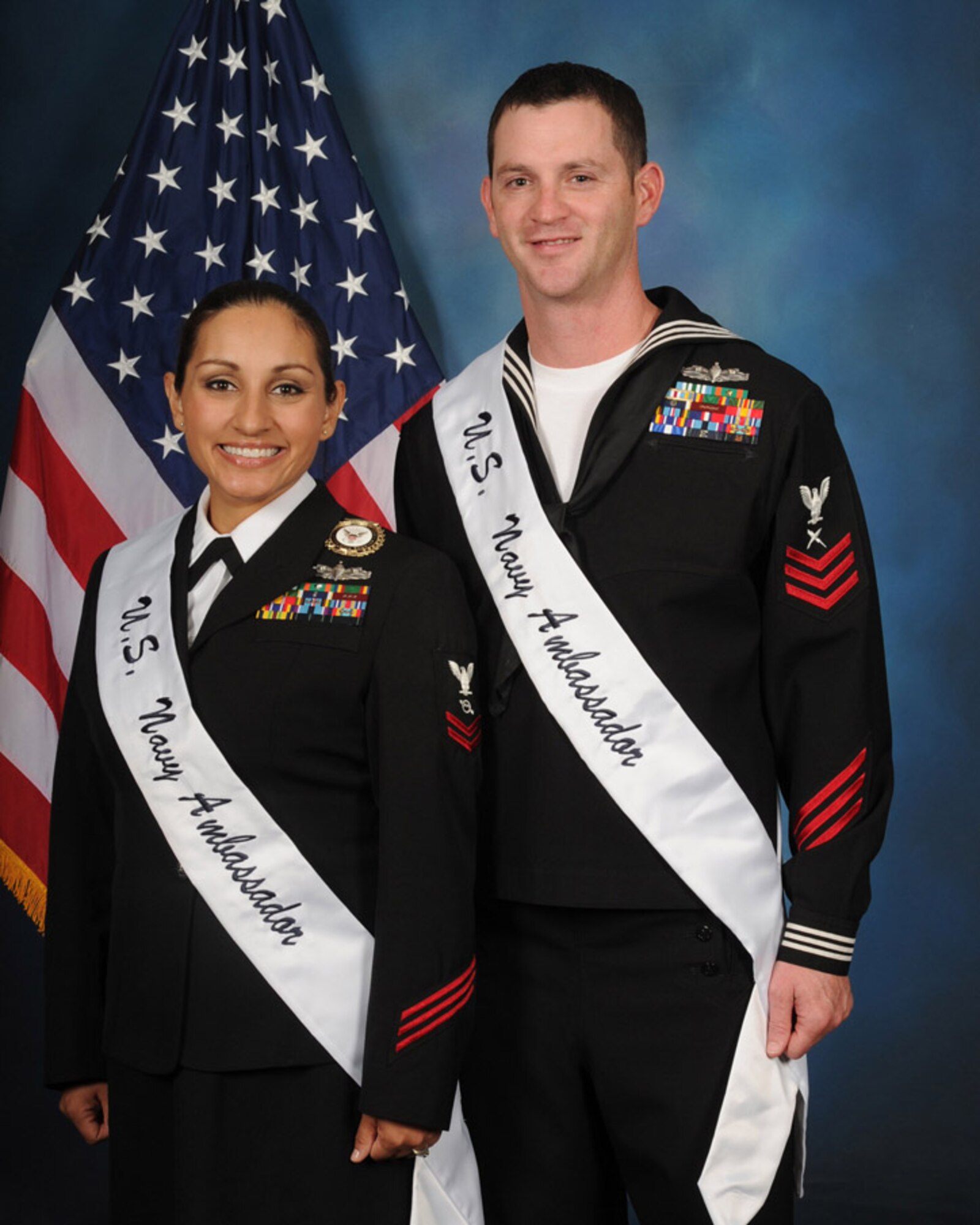 The 2014 Joint Base San Antonio Navy ambassadors are Petty Officer 2nd Class Luz Vazquez, Navy Recruiting District San Antonio; Petty Officer 1st Class Joseph Fountain Jr., Naval Information Operations Center Texas command. (Courtesy photo by Joint Base San Antonio-Lackland public affairs)