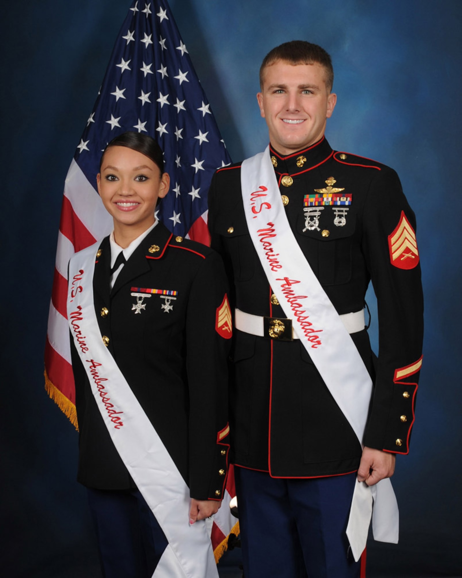 The 2014 Joint Base San Antonio Marine Corps ambassadors are Sgt. Dawn Callaway and Sgt. Dustin Johnson, 4th Reconnaissance Battalion. (Courtesy photo by Joint Base San Antonio-Lackland public affairs)