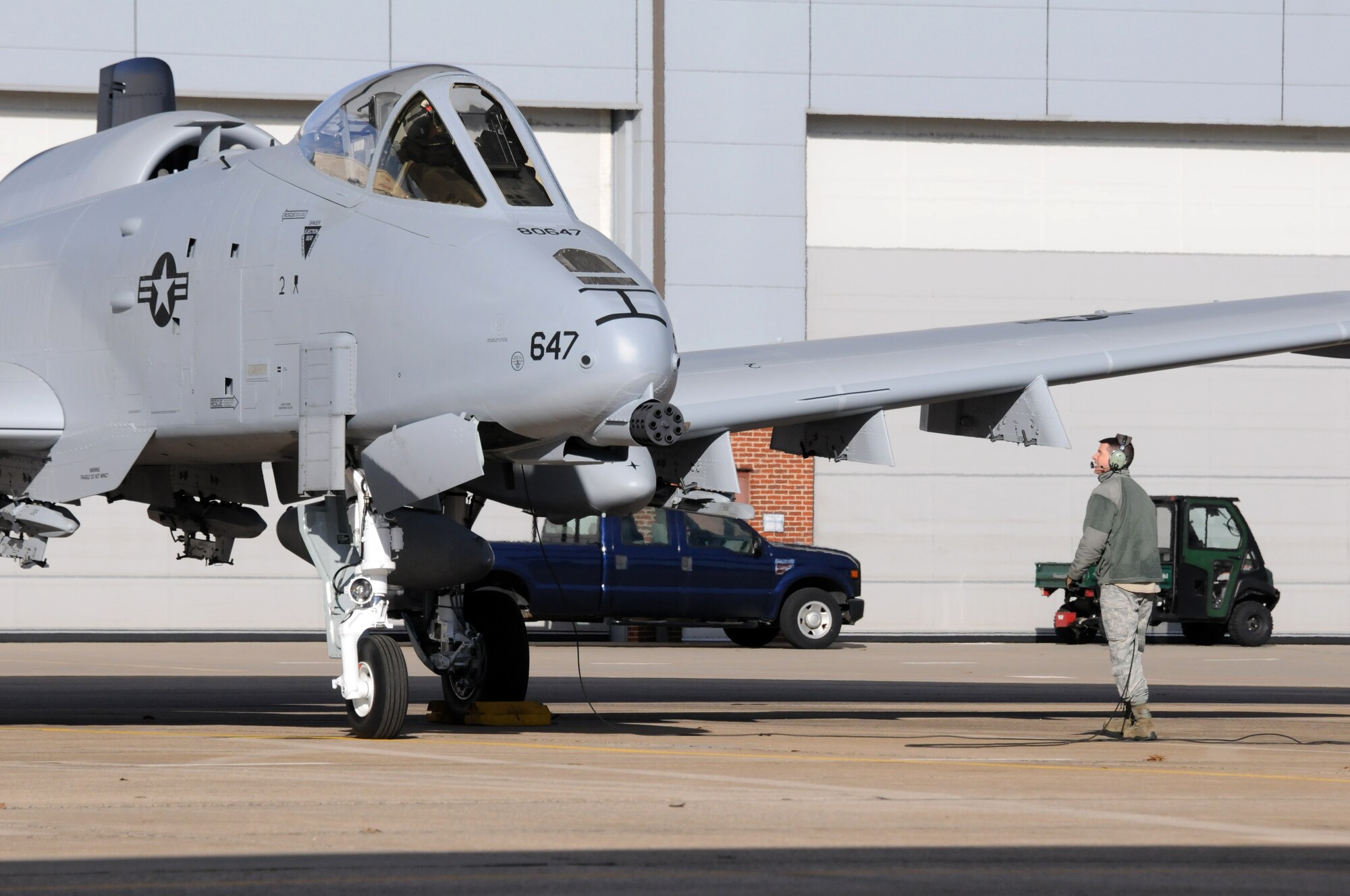 Master Sgt. Jay Greer, a crew chief with the 188th Aircraft Maintenance Squadron, preps an A-10C Thunderbolt II "Warthog" (Tail No. 0647) for departure to Moody Air Force Base, Ga., Jan. 15, 2014. Tail Nos. 0129 and 0647 were transferred from the 188th Fighter Wing’s Ebbing Air National Guard Base, Fort Smith, Ark., as part of the wing’s on-going conversion from a fighter mission to remotely piloted aircraft and Intelligence mission, which will include a space-focused targeting squadron. The 188th now has nine remaining A-10s left on station. The A-10s will join Moody AFB’s 75th Fighter Squadron. (U.S. Air National Guard photo by Tech Sgt. Josh Lewis/188th Fighter Wing Public Affairs)
