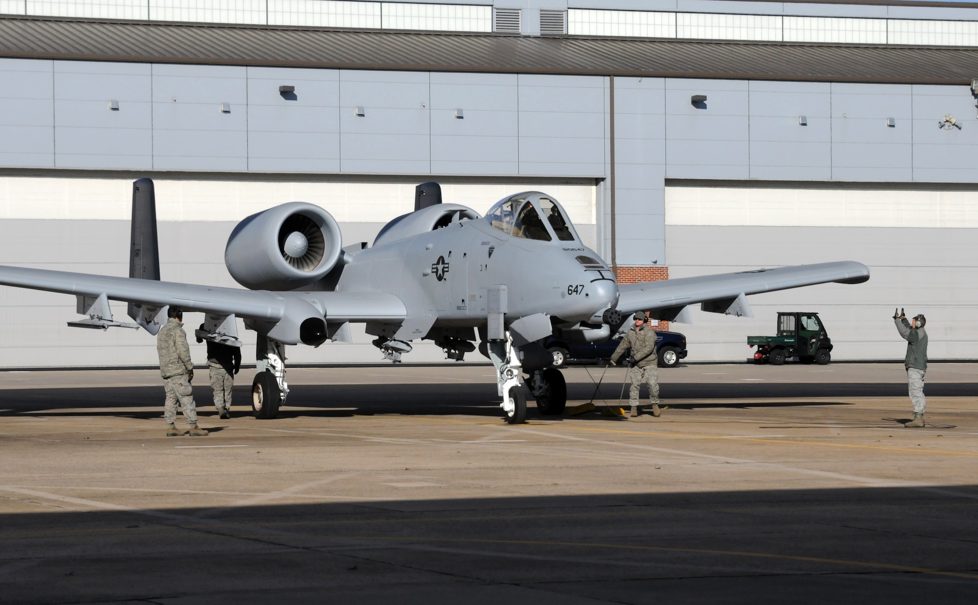 Master Sgt. Jay Greer, a crew chief with the 188th Aircraft Maintenance Squadron, right, preps an A-10C Thunderbolt II "Warthog" (Tail No. 0647) for departure to Moody Air Force Base, Ga., Jan. 15, 2014. Tail Nos. 0129 and 0647 were transferred from the 188th Fighter Wing’s Ebbing Air National Guard Base, Fort Smith, Ark., as part of the wing’s on-going conversion from a fighter mission to remotely piloted aircraft and Intelligence mission, which will include a space-focused targeting squadron. The 188th now has nine remaining A-10s left on station. The A-10s will join Moody AFB’s 75th Fighter Squadron. (U.S. Air National Guard photo by Tech Sgt. Josh Lewis/188th Fighter Wing Public Affairs)

