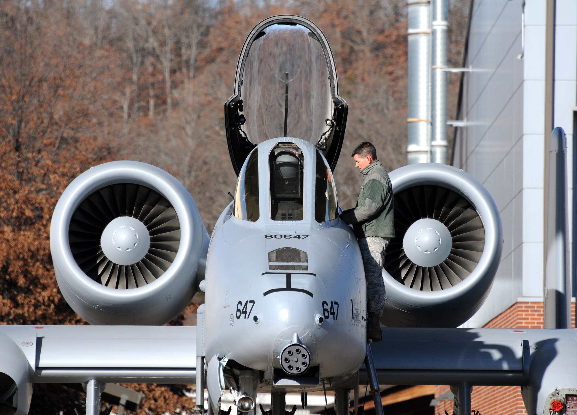 Master Sgt. Jay Greer, a crew chief with the 188th Aircraft Maintenance Squadron, preps an A-10C Thunderbolt II "Warthog" (Tail No. 0647) for departure to Moody Air Force Base, Ga., Jan. 15, 2014. Tail Nos. 0129 and 0647 were transferred from the 188th Fighter Wing’s Ebbing Air National Guard Base, Fort Smith, Ark., as part of the wing’s on-going conversion from a fighter mission to remotely piloted aircraft and Intelligence mission, which will include a space-focused targeting squadron. The 188th now has nine remaining A-10s left on station. The A-10s will join Moody AFB’s 75th Fighter Squadron. (U.S. Air National Guard photo by Tech Sgt. Josh Lewis/188th Fighter Wing Public Affairs)