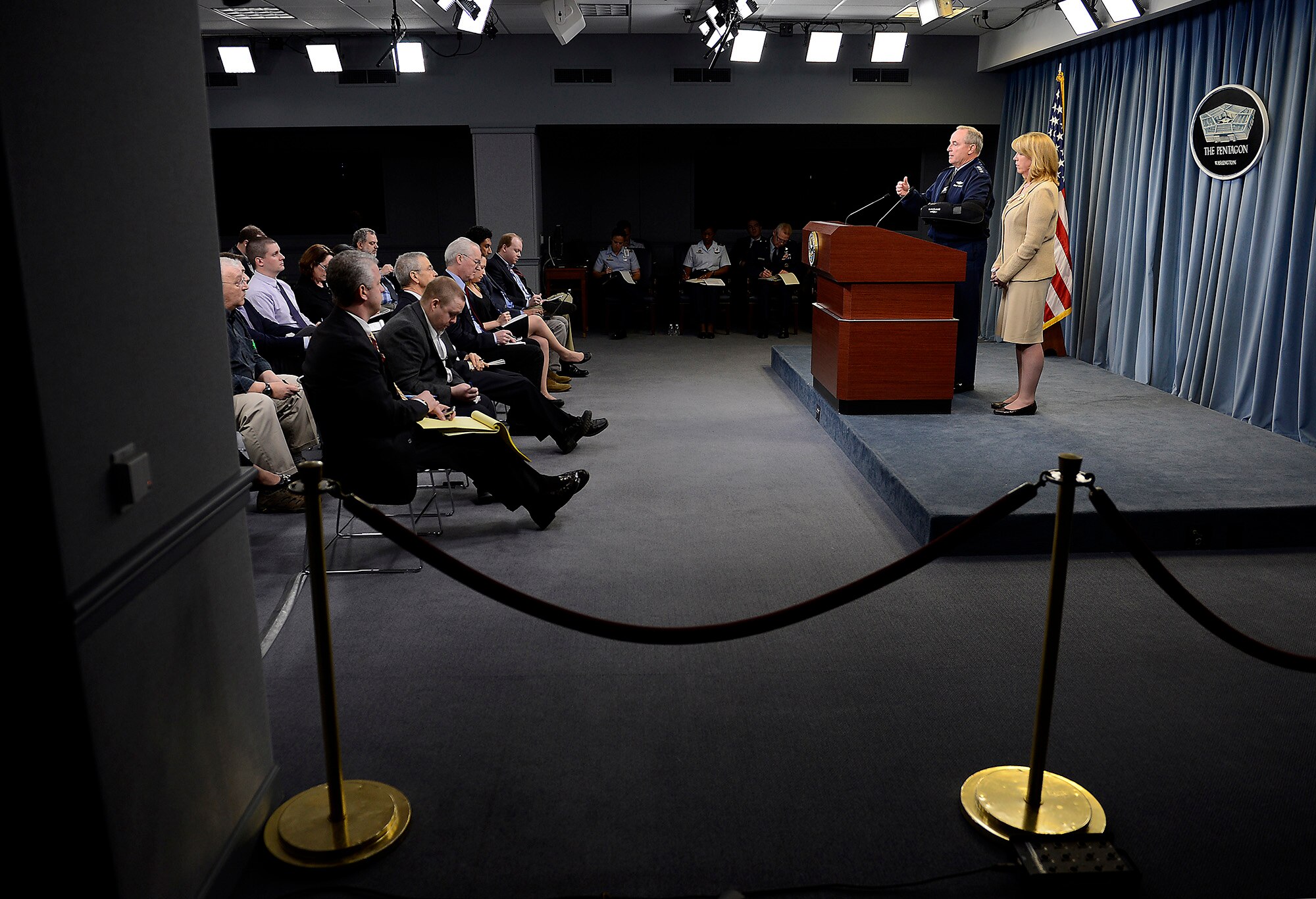 Air Force Chief of Staff Gen. Mark A. Welsh III and Secretary of the Air Force Deborah Lee James speak about an investigation involving missile launch officers during a press briefing Jan. 15, 2014, in the Pentagon, Washington D.C. Though the investigation revealed a lack of integrity among a group of Airmen, James and Welsh stressed that it did not shake their confidence in the nuclear force and it remains their number one priority. (U.S. Air Force photo/Scott M. Ash)