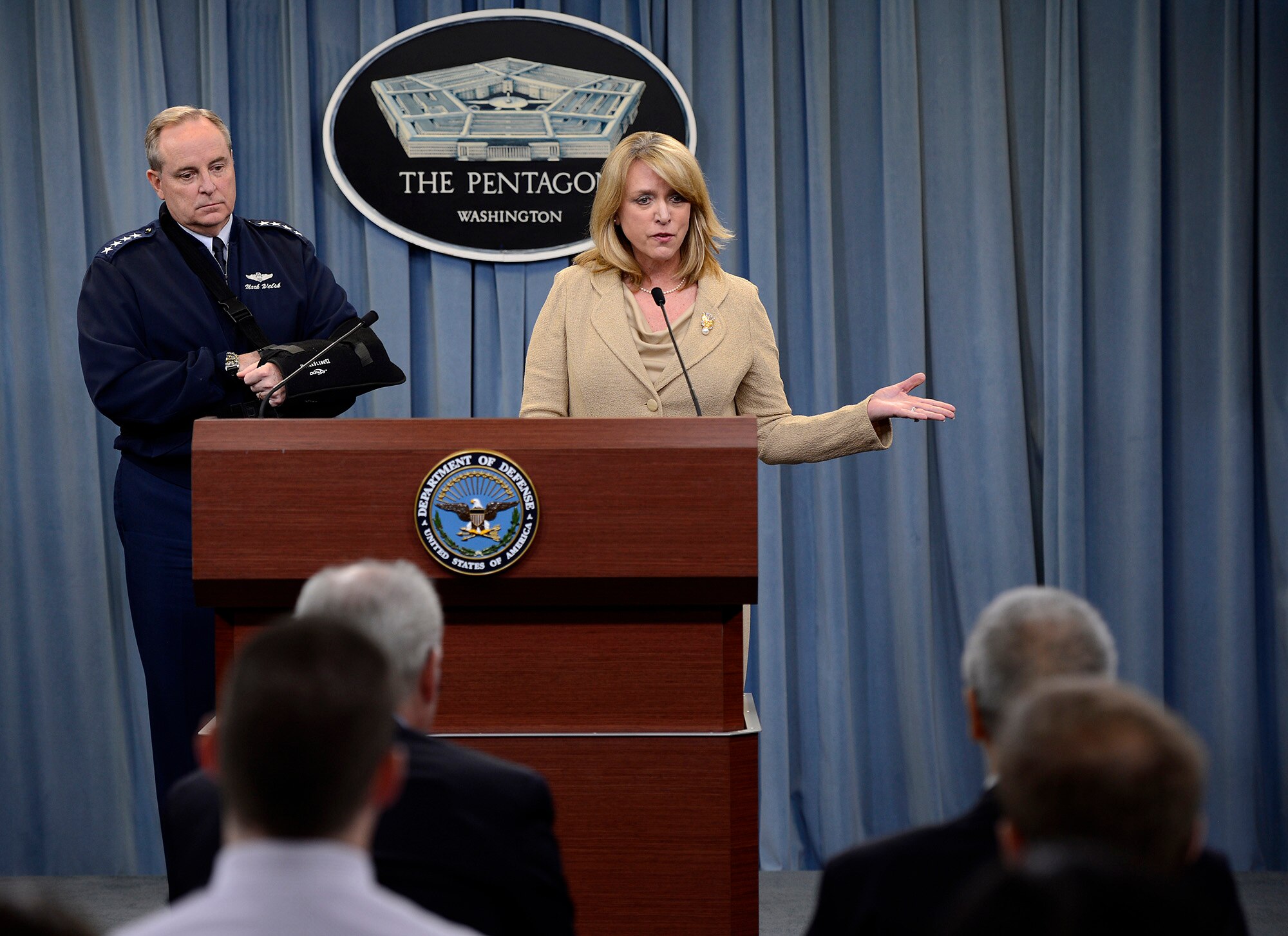 Secretary of the Air Force Deborah Lee James and Air Force Chief of Staff Gen. Mark A. Welsh III speak about an investigation involving missile launch officers during a press briefing Jan. 15, 2014, in the Pentagon, Washington D.C. Though the investigation revealed a lack of integrity among a group of Airmen, James and Welsh stressed that it did not shake their confidence in the nuclear force and it remains their number one priority. (U.S. Air Force photo/Scott M. Ash)