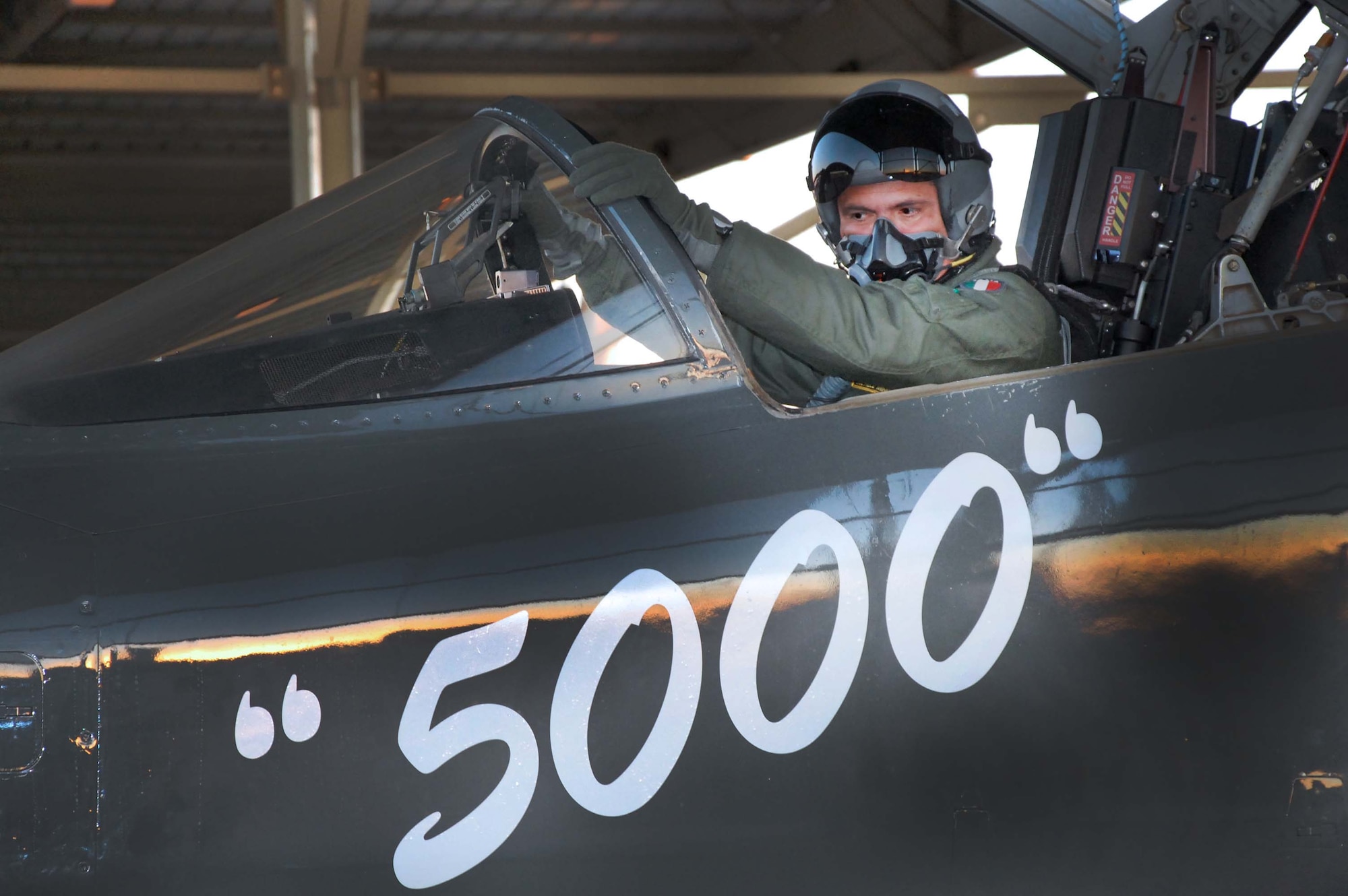 Italian Air Force Lt. Col. Michele Minonne, 469th Flying Training Squadron senior national representative taxiing in after his 5,000th hour of flight training mission in a T-38 Talon at Sheppard Air Force Base, Texas, Jan. 6, 2013. Minonne has been assigned to Italian fighter aircraft such as the Fiat G91, AMX International and the Aermacchi MB339 A/CD. However, a majority of his hours have been as an instructor pilot in the T-37 Tweet and T-38. He has been teaching Airmen to fly as an instructor pilot since 1997. (U.S. Air Force photo/CMSgt. Alberto Foggia)