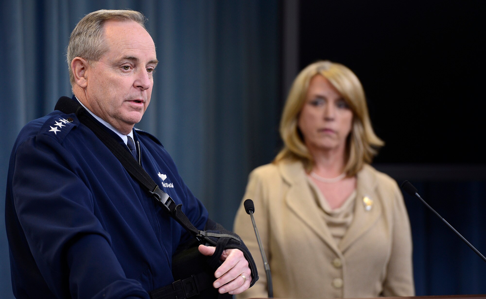 Air Force Chief of Staff Gen. Mark A. Welsh III and Secretary of the Air Force Deborah Lee James speak about an investigation involving missile launch officers during a press briefing Jan. 15, 2014, in the Pentagon, Washington D.C. Though the investigation revealed a lack of integrity among a group of Airmen, James and Welsh stressed that it did not shake their confidence in the nuclear force and it remains their number one priority. (U.S. Air Force photo/Scott M. Ash)