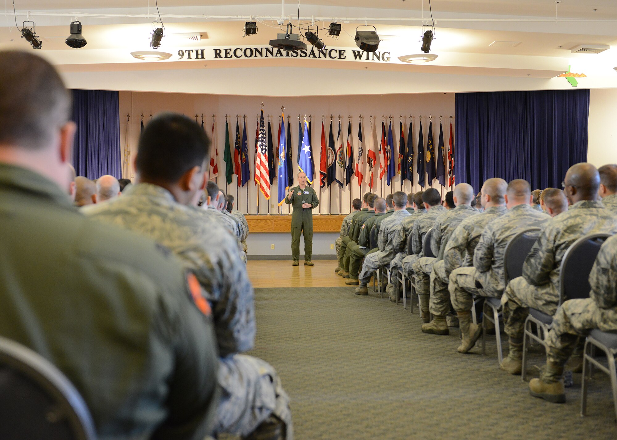 Gen. Mike Hostage, commander of Air Combat Command, speaks to Beale Airmen during an Airmen’s call at Beale Air Force Base, Calif., Jan. 14, 2014. Hostage met with Airmen to discuss key Air Force issues such as budget concerns, deployments, retention, and retraining. (U.S. Air Force photo by John Schwab)