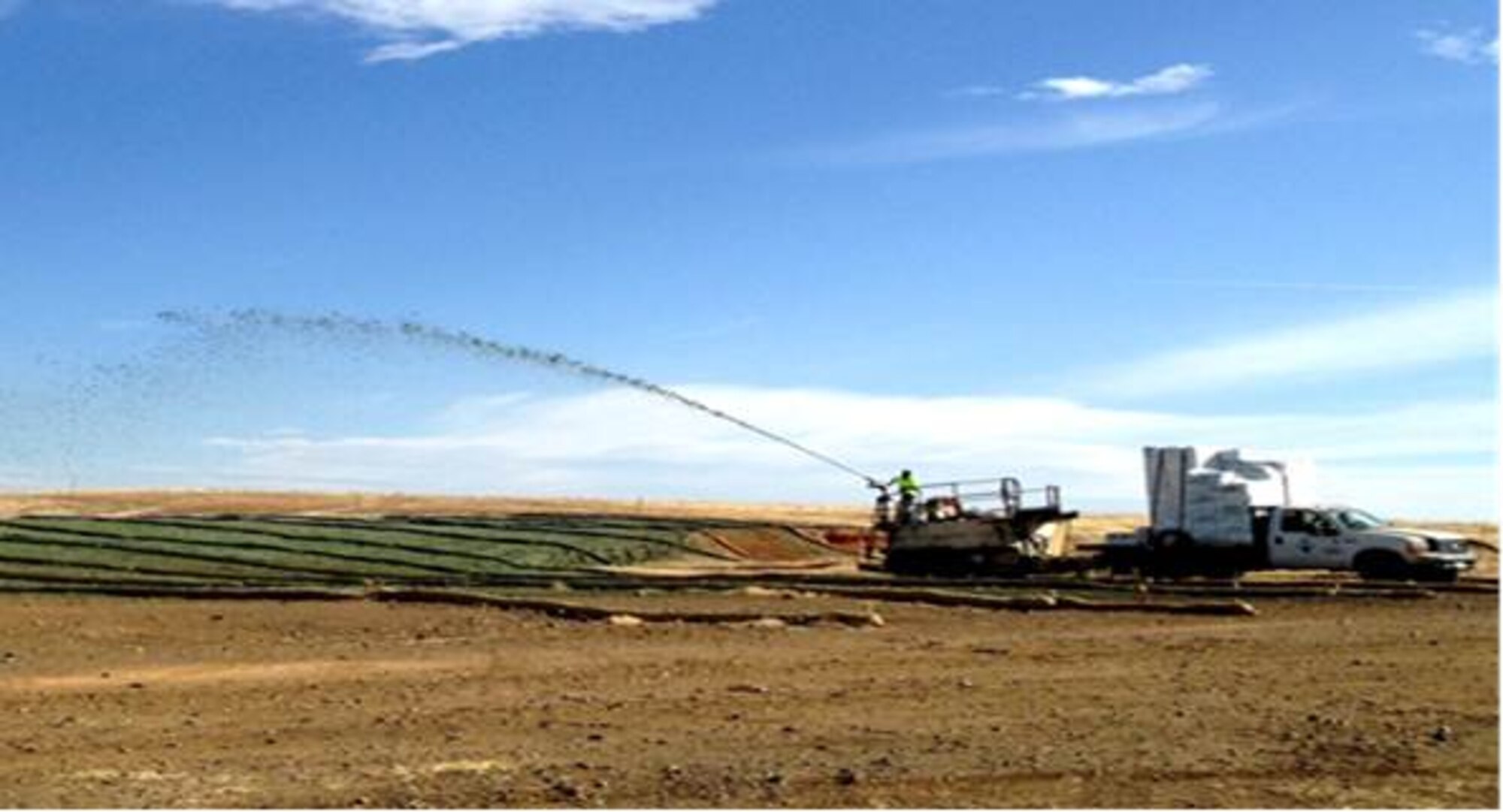 Contractors applied 16 acres of hydro seed mulch to the fresh soil to begin the vegetation regrowth on the excavated sites at Beale Air Force Base, Calif. Approximately 16,000 tons of soil was disposed at Recology Ostrom Road Landfill as non-hazardous waste and approximately 1,500 tons of soil was disposed at Clean Harbors Buttonwillow Landfill as hazardous waste. (Courtesy photo/Released)