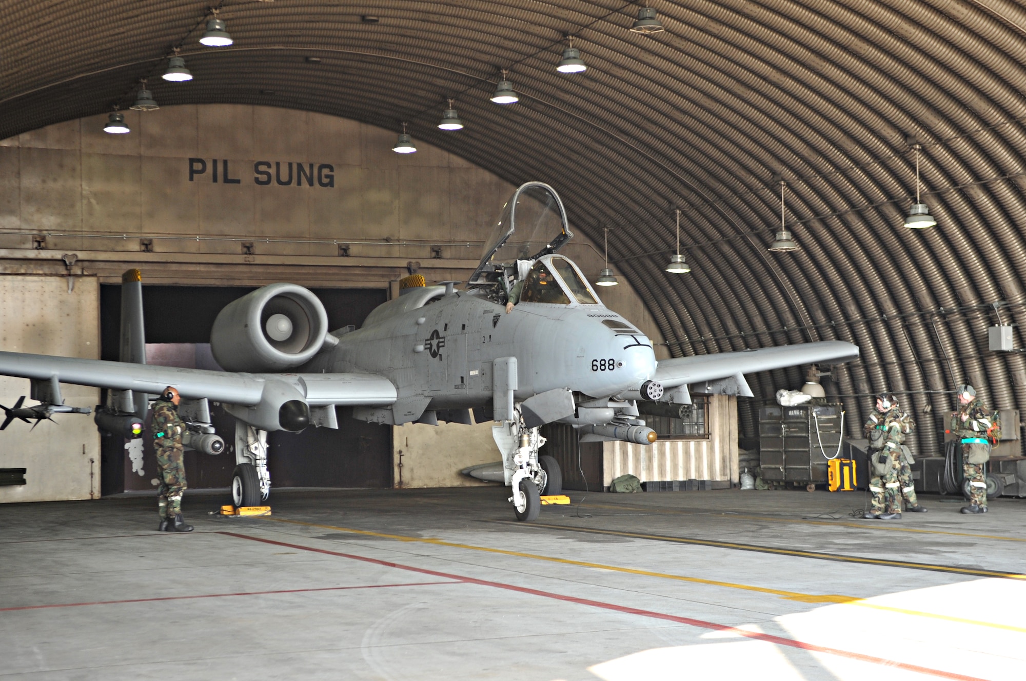 An A-10 Thunderbolt II prepares to taxi out of a hardened aircraft structure during Operational Readiness Exercise Beverly Midnight 14-01 at Osan Air Base, Republic of Korea, Jan. 15, 2014. Several pre-flight checks – including a visual inspection of the exterior of the plane – must be completed by both the pilot and the maintenance crew before an aircraft is permitted to take off. (U.S. Air Force photo/Airman 1st Class Ashley J. Thum)