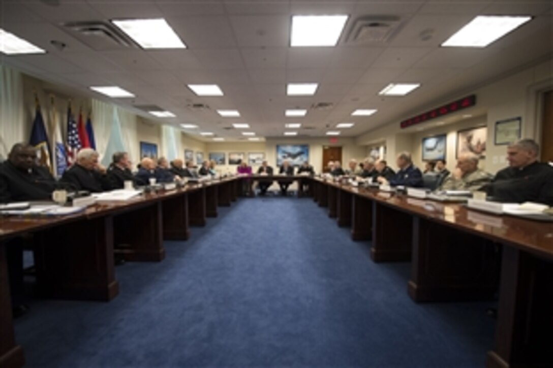 Defense Secretary Chuck Hagel hosts the Secretary's Leadership Council at the Pentagon, Jan. 16, 2014. The council includes the commanders of the nine combatant commands and senior civilian leaders.