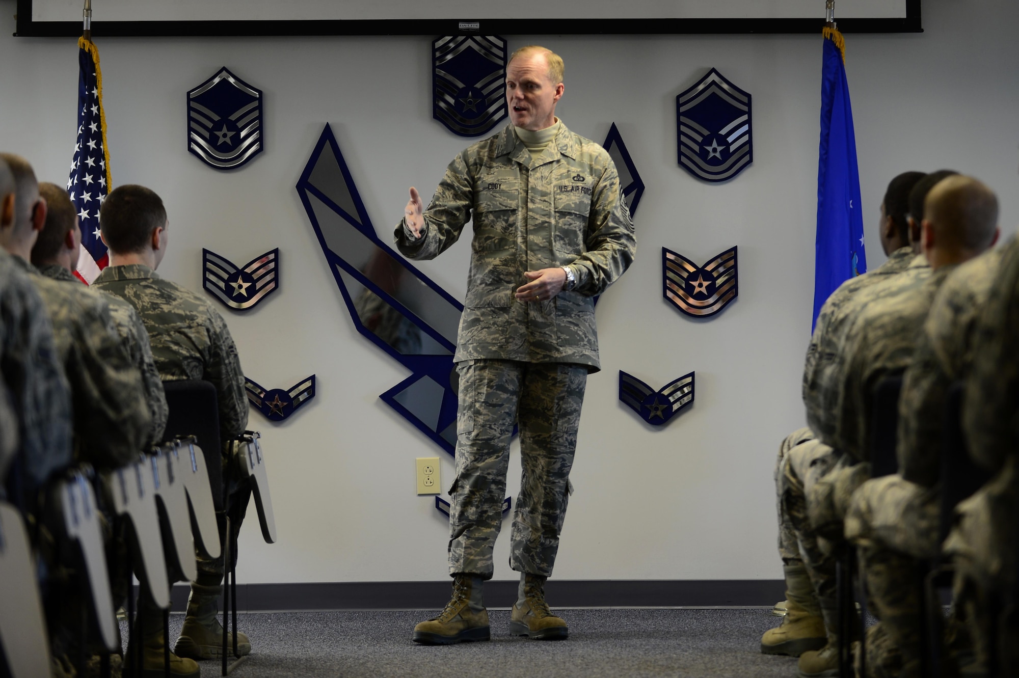 Chief Master Sgt. of the Air Force James A. Cody speaks to Airmen at the First Term Airman Center Jan. 7, 2014, during his visit to Langley Air Force Base, Va, Cody visited multiple wings and discussed force management issues, budget concerns and the future of the enlisted force with Airmen. (U.S. Air Force photo/Airman 1st Class Areca T. Wilson)