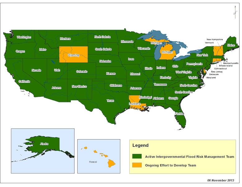 Map of Silver Jackets state teams. Green-colored states have active intergovernmental flood risk management teams. Orange-colored states have ongoing efforts to develop a team.