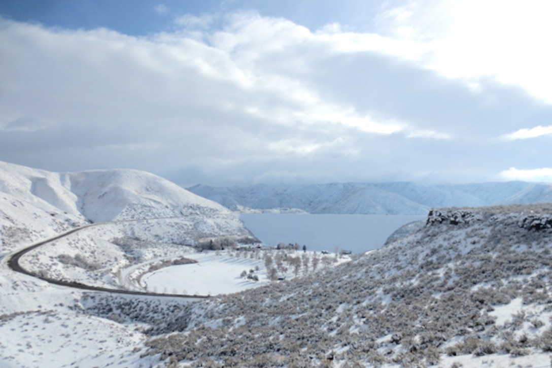 Winter dusts Lucky Peak Lake with snow.