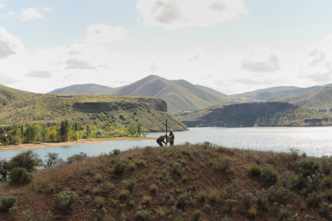 Volunteers inspect a kestrel nest box at Lucky Peak Lake.