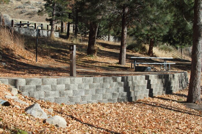 Macks Creek Park, Site 9, at Lucky Peak Lake.  Park staff constructed level tent sites using retaining walls, allowing the integration of Macks Creek Park into recreation.gov and becoming fully reservable in 2012.